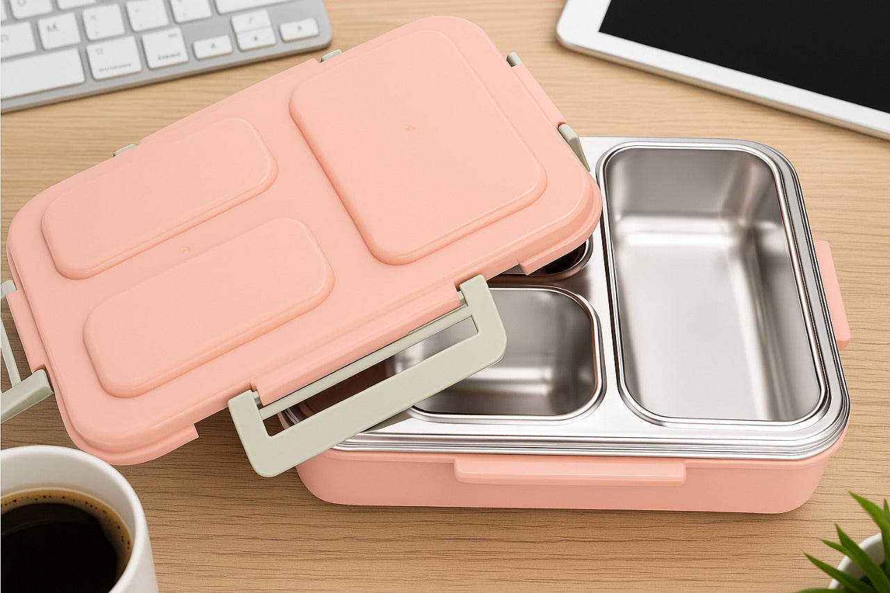 Premium Stainless Steel Lunch Box with 3 Compartments – Leakproof, Durable & Elegant Tiffin Box
